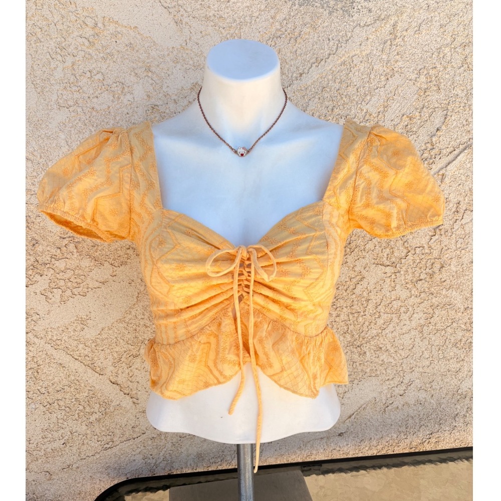 Y2K Summer Yellow Eyelet Puff Sleeve Crop Top Smocked Peplum Tie Front Small #5